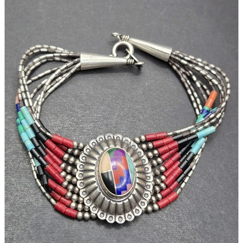Vintage Quac True Sterling Silver Inlay Gemstone 6.75'' Bracelet K1
